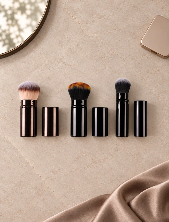 Retractable Kabuki Makeup Brush with Black Gradient Fiber, Glossy Black Body & ABS Protective Cap (1)