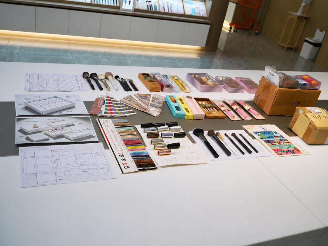 Makeup brush and cosmetic packaging design samples with color swatches