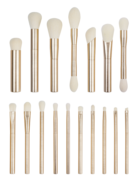 Brushed gold fifteen-piece professional full-face makeup brush set with white synthetic