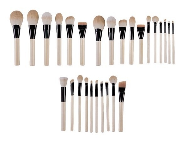 High-density synthetic makeup brush range arranged for face and eye application