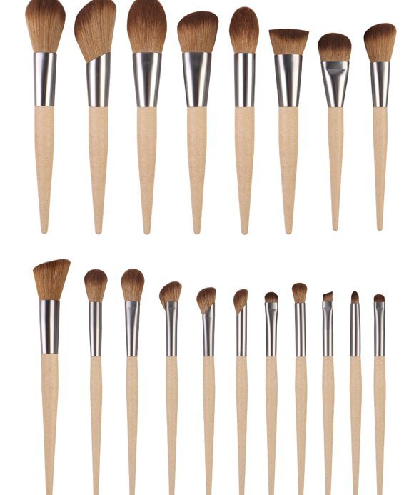 Makeup brush set with bamboo-fiber style handles and soft synthetic bristles