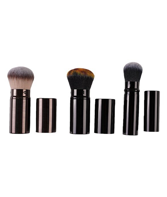 Retractable kabuki brush designed for portable powder application and touch-ups