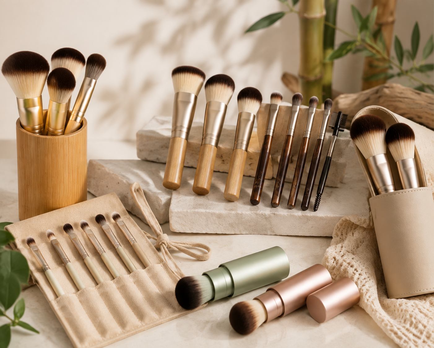 brush range includes high-density synthetic bristles, face and eye sets, bamboo and wood handle looks, aluminum details, vegan concepts