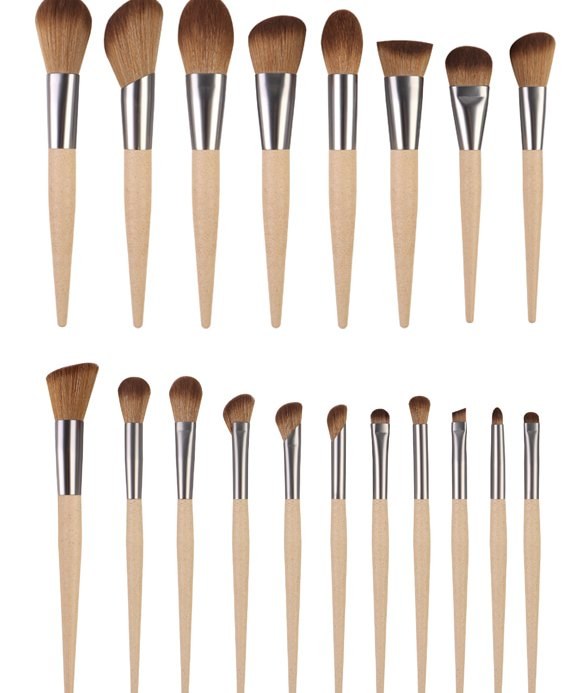 Wood-handle makeup brush range showing natural materials and coordinated synthetic bristle forms